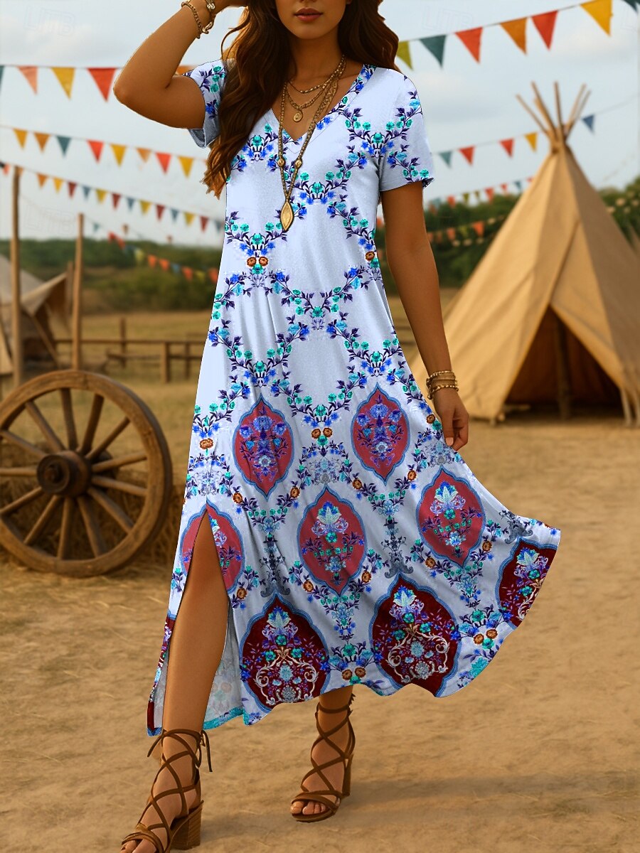 Women's Midi Dress Sundress Summer Dress Vacation Casual Boho Going out  Beach Loose Fit Graphic Tribal Short Sleeve V Neck Yellow Blue Purple  Summer Spring 2026 - $30.99