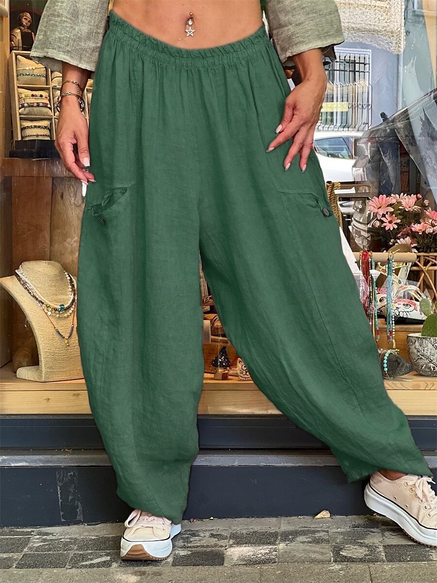 Calças Baggy Femininas de Pernas Largas de Cor Sólida Moda Bloomers Básico Comprimento Total Cintura Média Lisa com Bolso Cintura Elástica Conforto ao Ar Livre Microelástico Férias Rua Diário Dourado de 2025 por $25.99 –P5