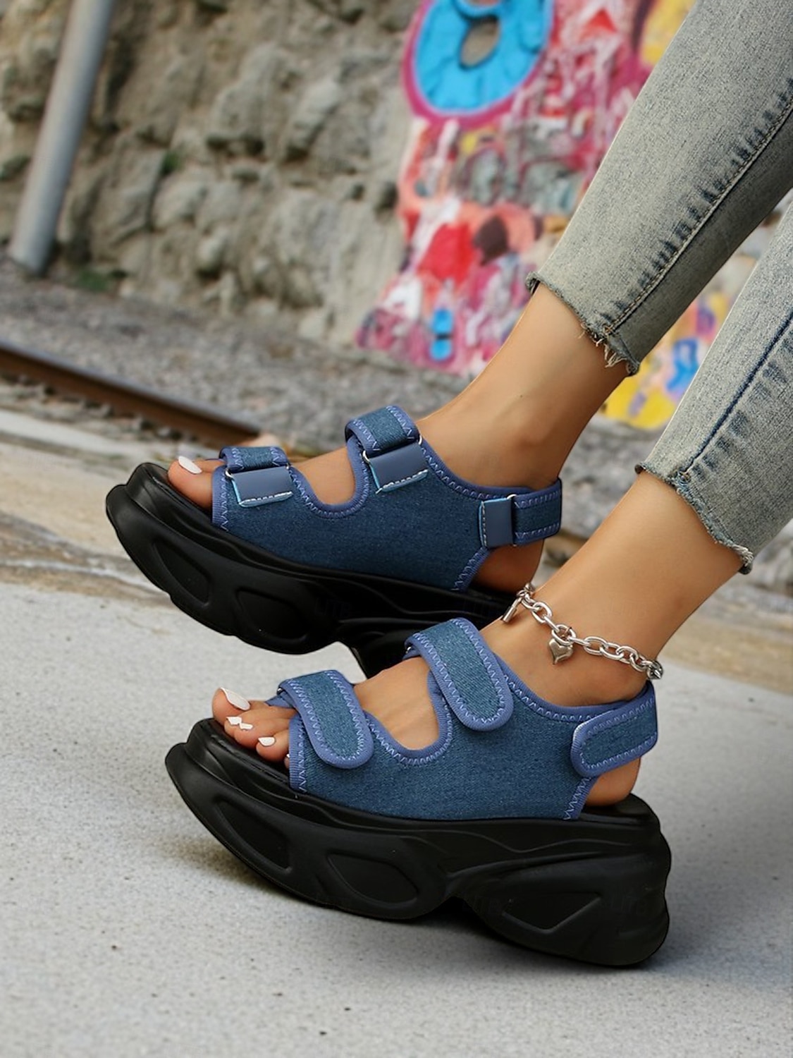 damskie sandały na grubej platformie z denimu – sportowe buty na koturnie z paskiem na rzep na festiwale i miejski styl uliczny 2025 - $29.99 –P5