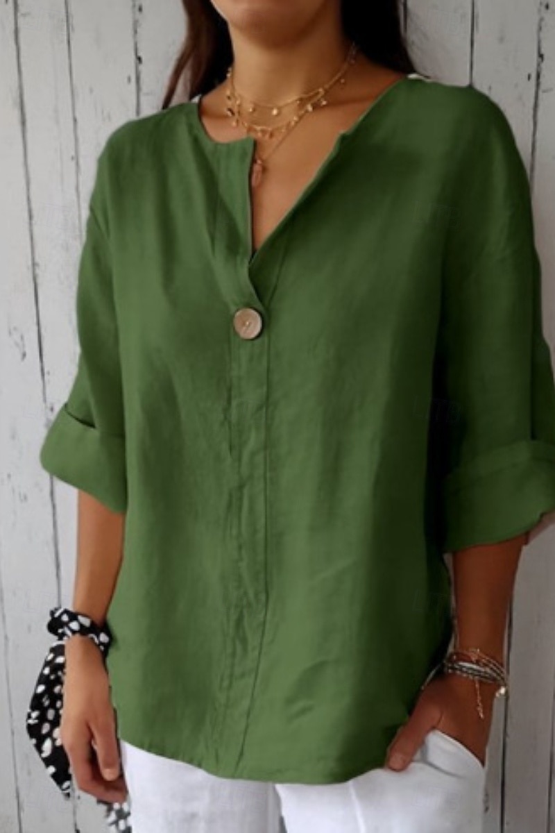 Women's Shirt Cotton Linen Shirt Blouse Plain Modern Casual 3/4 Length Sleeve V Neck Regular Tops Daily Going out Buttons Black White Red Navy Blue Green Summer 2025 - $23.99 –P7