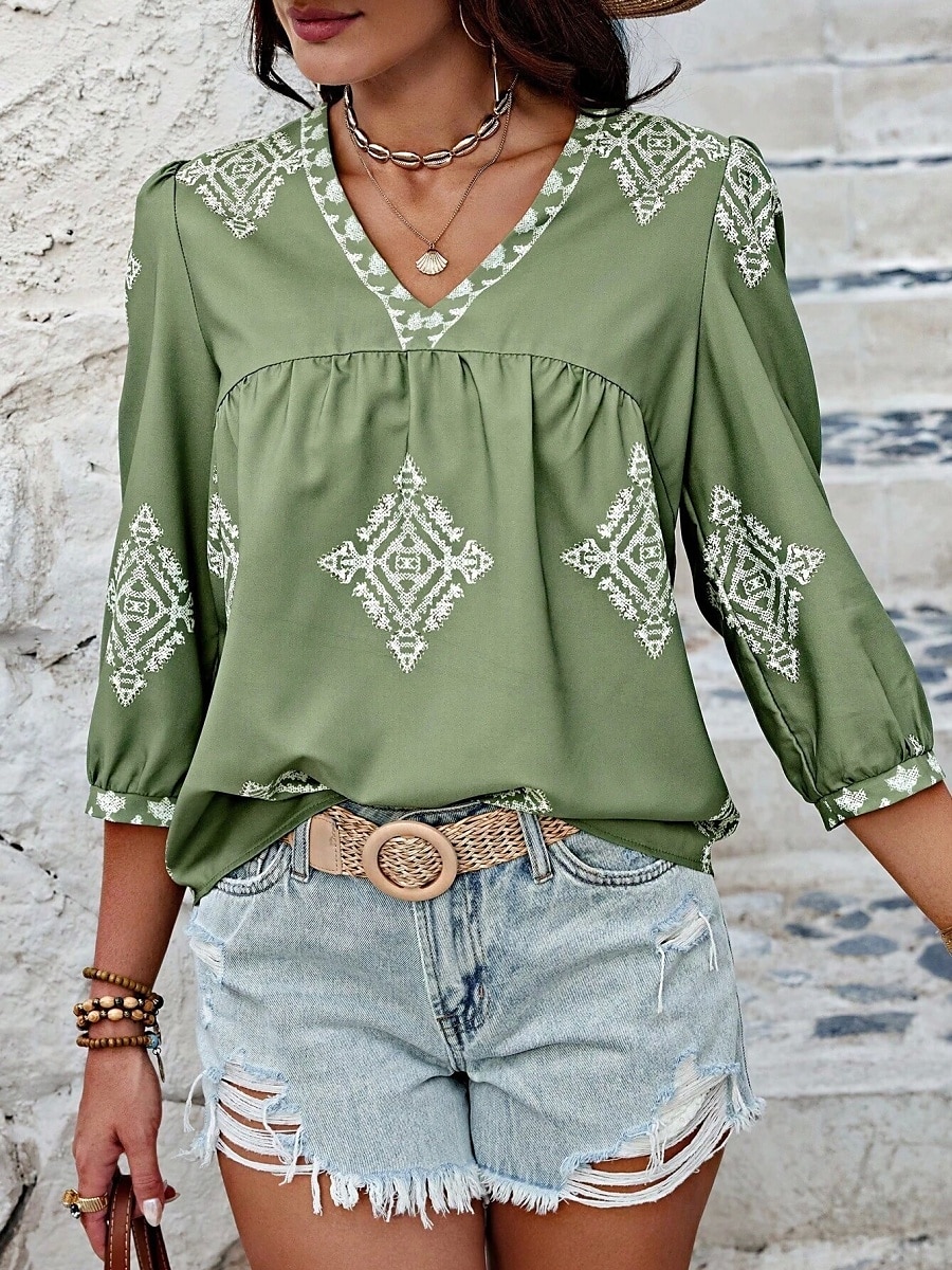 Mulheres Blusa Geométrica Boêmia Casual Manga 3/4 Manga Princesa Decote V Tops regulares Diário Imprimir Rosa Azul Marinha Roxo Verde Verão Primavera de 2025 por $22.99 –P12