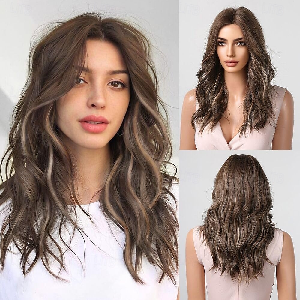 Pelucas rizadas marrones para mujer, peluca de cabello sintético con reflejos rubios. 2025 - $28.99 –P1