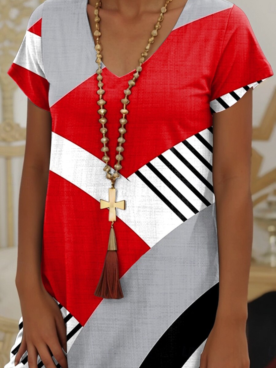 Damen Minikleid A Linie Kleid Sommerkleid Lässig Täglich Normale Passform Grafik Geometrisch Kurzarm V Ausschnitt Rote Sommer Frühling 2025 - $28.99 –P3