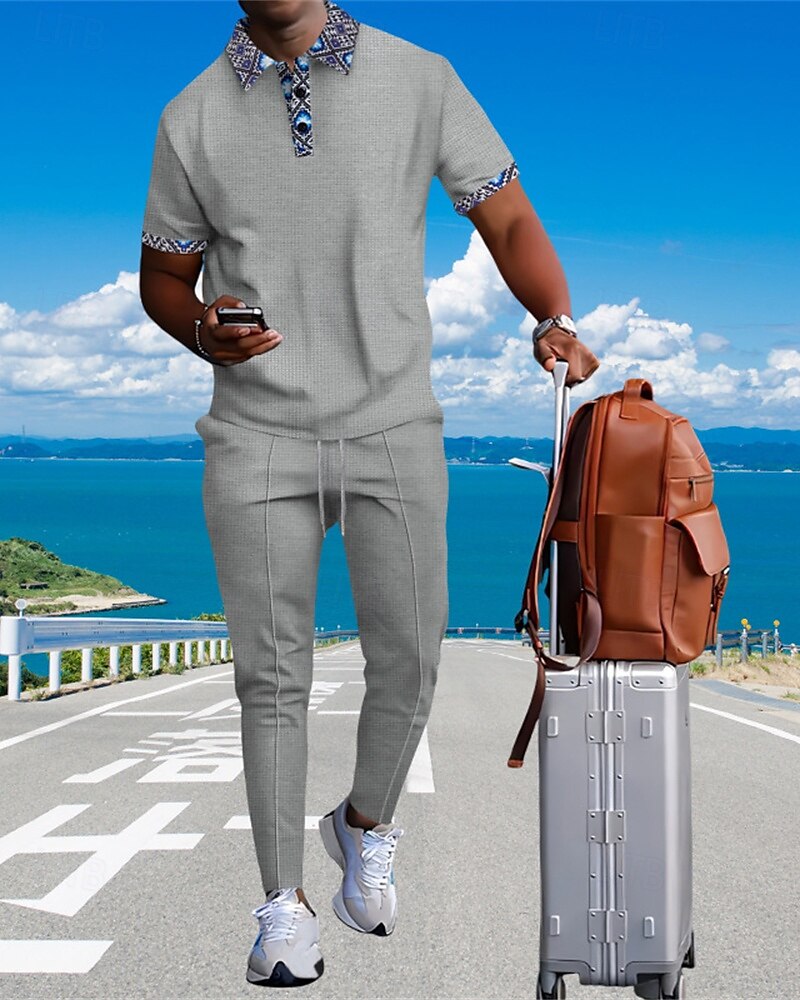 Voor heren Wafel Shirt T-shirt past Shirt- en broeksets 2 stuks outfits Korte mouw Revers Zomer Kleurenblok Modieus Casual Lapwerk 2-stuks Vakantie Alledaagse kleding Uitgaan Zwart Wit Koningsblauw 2025 - $40.99 –P14