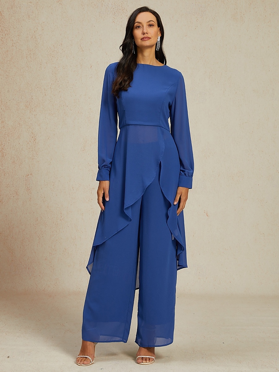 női esküvői vendég jumpsuit elegáns sötétkék hosszú áttetsző ujjú széles láb elegáns esti parti viselet kerek nyakkivágás tavasz nyár ősz 2025 - $55.99 –P2