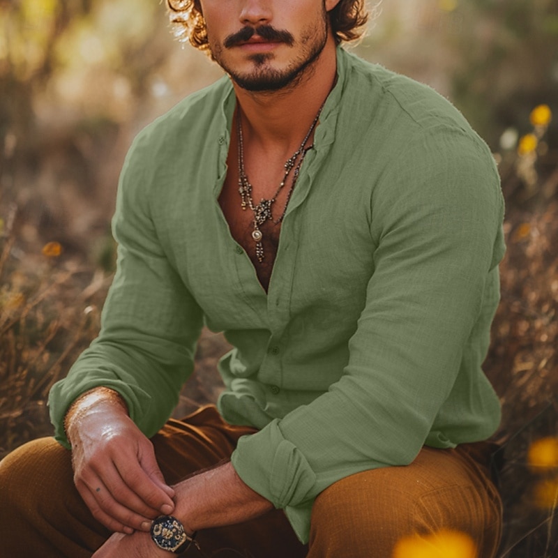 Per uomo Camicia Camicia con colletto alla coreana Camicia Estiva Abbigliamento da spiaggia Camicia casual Camicia con Bottoni Semplice Vacanza Ferie Bianco Azzurro cielo Verde Cachi Manica Lunga del 2025 a $23.99 –P4