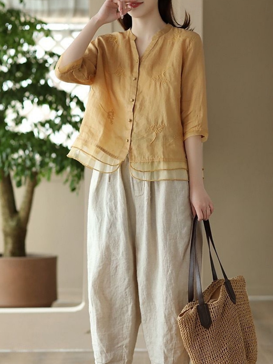 Women's Shirt Solid Color Basic Casual 3/4 Length Sleeve Shirt Collar Regular Tops Daily Mesh Patchwork Buttons White Yellow Pink Purple Summer 2025 - $22.99 –P6