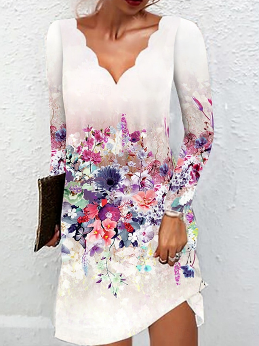 Women's Mini Dress A Line Dress Summer Dress Casual Daily Regular Fit Graphic Long Sleeve V Neck White Yellow Purple Gold Summer 2025 - $23.99 –P5