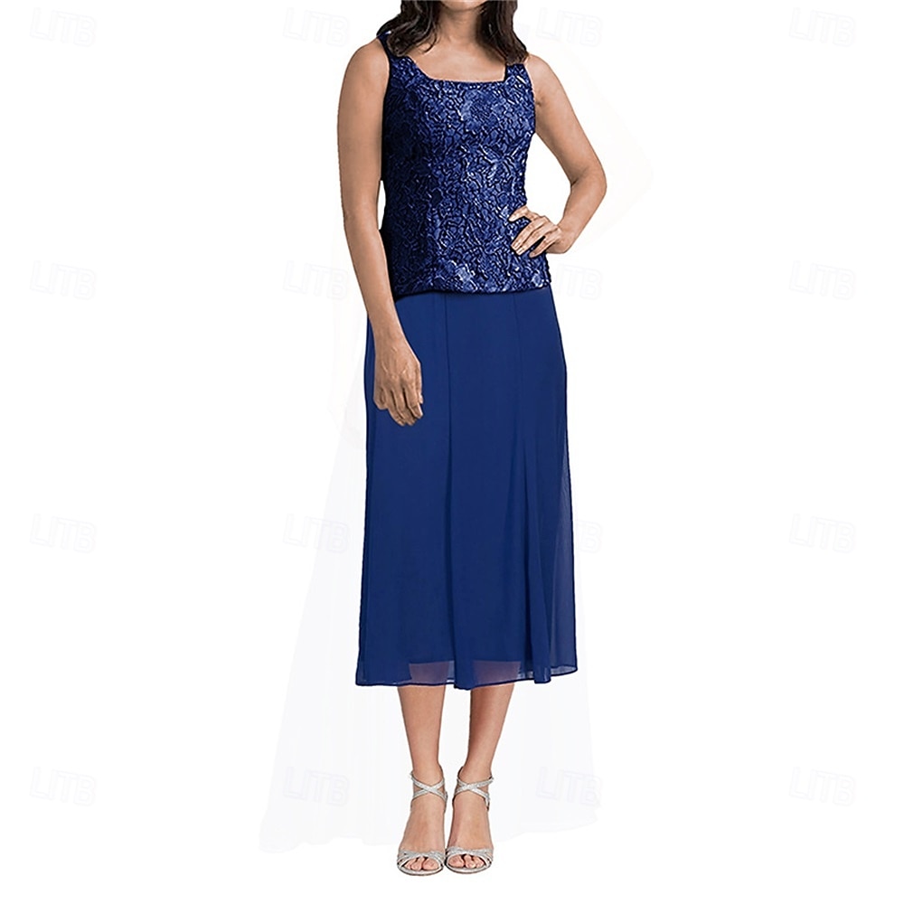 Ensembles de Robes Robe de Mère de Mariée  Élégant Simple Col carré Longueur thé Polyester Manche 3/4 avec Couleur Unie 2025 de 2025 ? $129.99 –P4