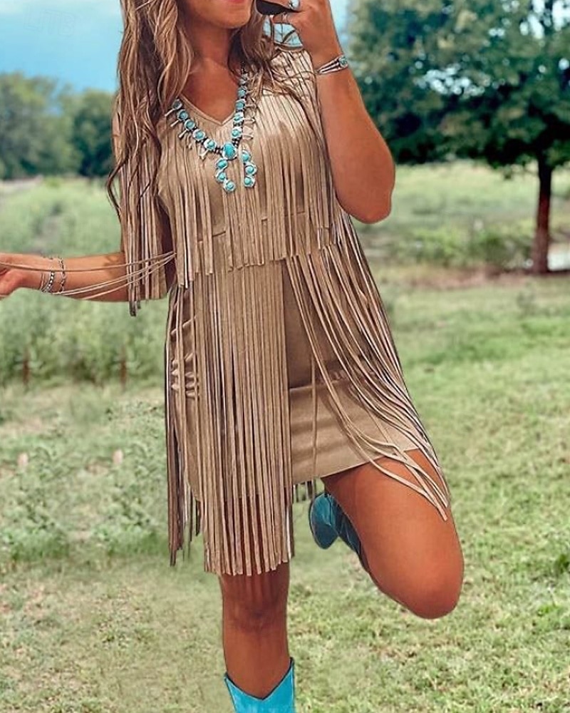 Damen Minikleid Kleid mit Quasten Mode Modern Outdoor Urlaub Ferien Normale Passform Einfach Ärmellos V Ausschnitt Kamel Sommer 2025 - $22.99 –P1
