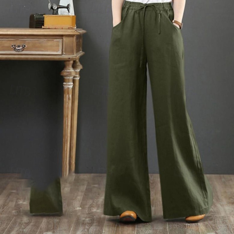 Damen Weites Bein Hose aus Baumwollleinen Stoffhosen Mode Streetwear Volle Länge Natürliche Taille Einfach Tasche Elastisches Kordelzugdesign Bequem Außenbereich Straße Ferien Wochenende Aprikose 2025 - $15.99 –P9