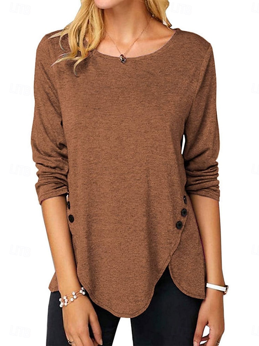 Mulheres Blusa Tecido à moda Casual Manga Longa Gola Redonda Tops regulares Diário Botões Branco Azul Céu Roxo Marron Verão Primavera de 2025 por $16.99 –P6