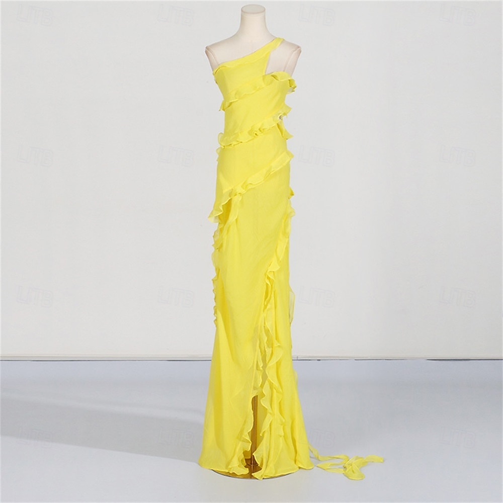 Mermaid / Trumpet Yellow Dresses Ruffle Dress Semi Formal Wedding Guest Dress Asymmetrical Sleeveless One Shoulder with Slit 2025 - $99.99 –P5