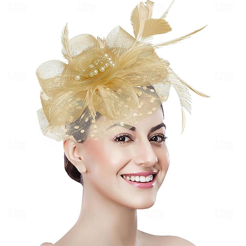 غطاء للرأس ريشة صاف قبعة فيدورا زفاف حفلة ليلية حفلة شاي سباق خيول كوكتيل عتيق لطيف مع ريش خوذة أغطية الرأس 2025 - $48.99 –P24