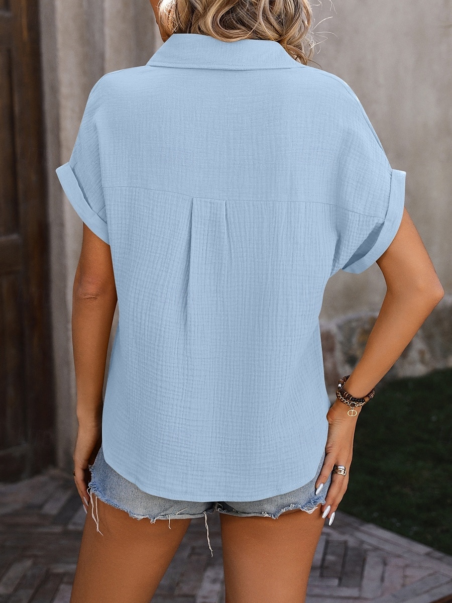 Camicia da donna a bottone giù blusa a tinta unita elegante casual da spiaggia con maniche corte colletto top regolari quotidiani bottoni tasca nera bianca gialla blu estate primavera del 2025 a $28.99 –P13