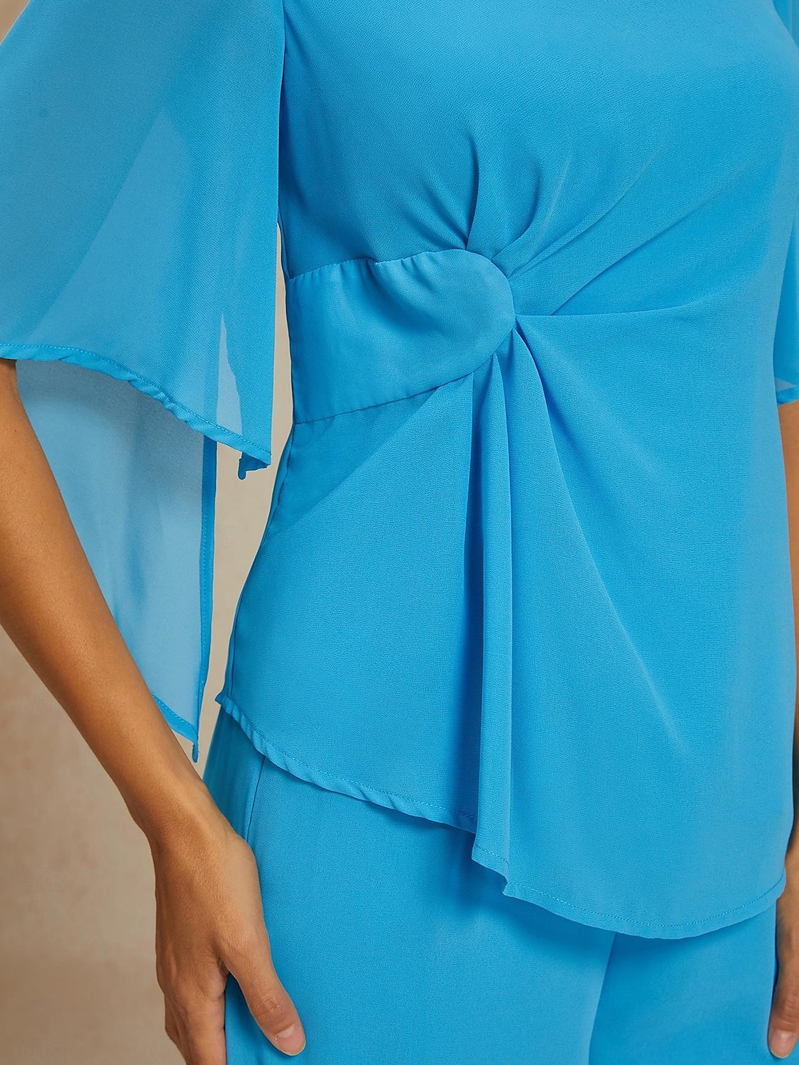 Women's Elegant Stylish Blouse Pants Trousers Half Sleeve Crew Neck Plain Ruched Wedding Guest Daily Blue Summer Regular Fit 2025 - $55.99 –P5