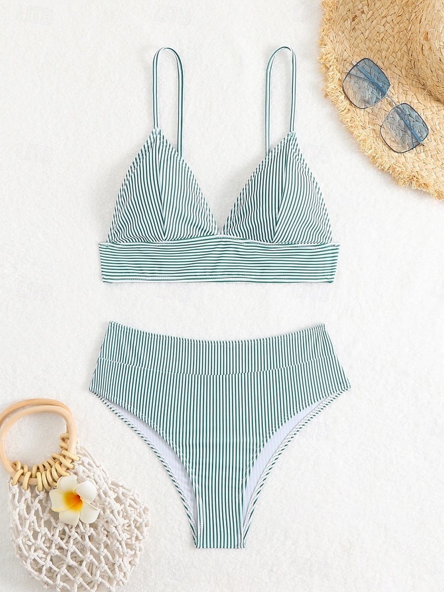 Kvinnors baddräkter bikini 2-delad tärnande baddräkt rygglös semester strandkläder randig V-hals ärmlös baddräkter 2025 - $17.99 –P6