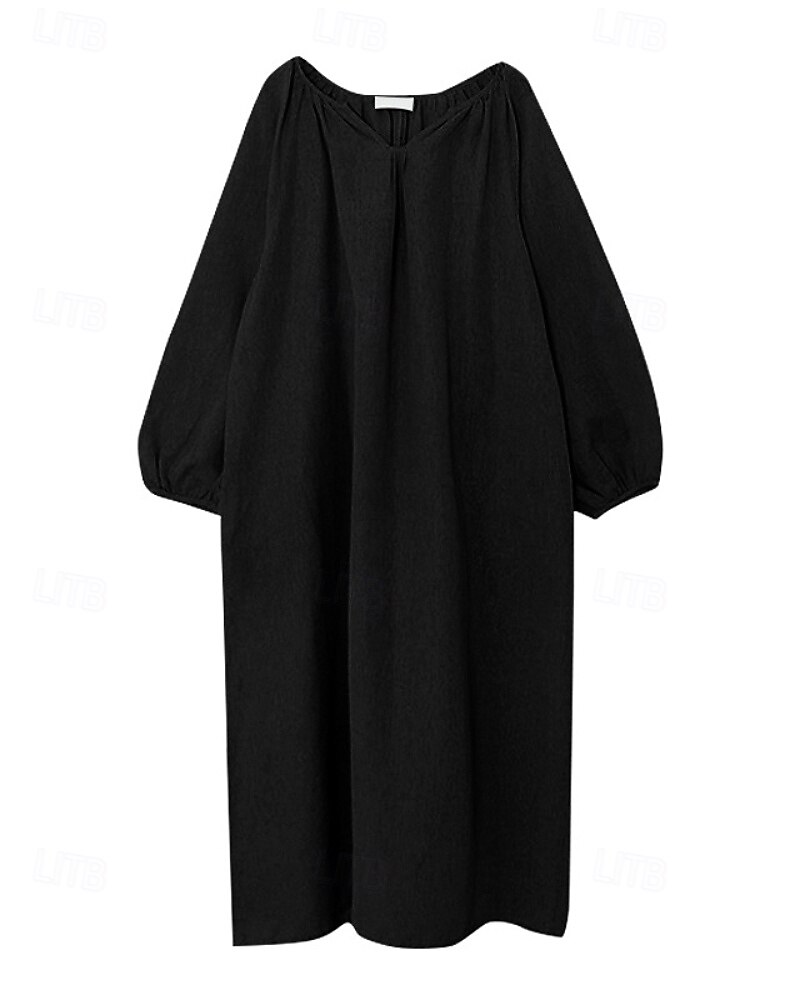 Dam Midiklänning Klänning i bomullslinne Klassisk Modern Utomhus Semester Helgdag Normal Slät Långärmad V-hals Svart Rodnande Rosa Aprikos Sommar 2025 - $38.99 –P11