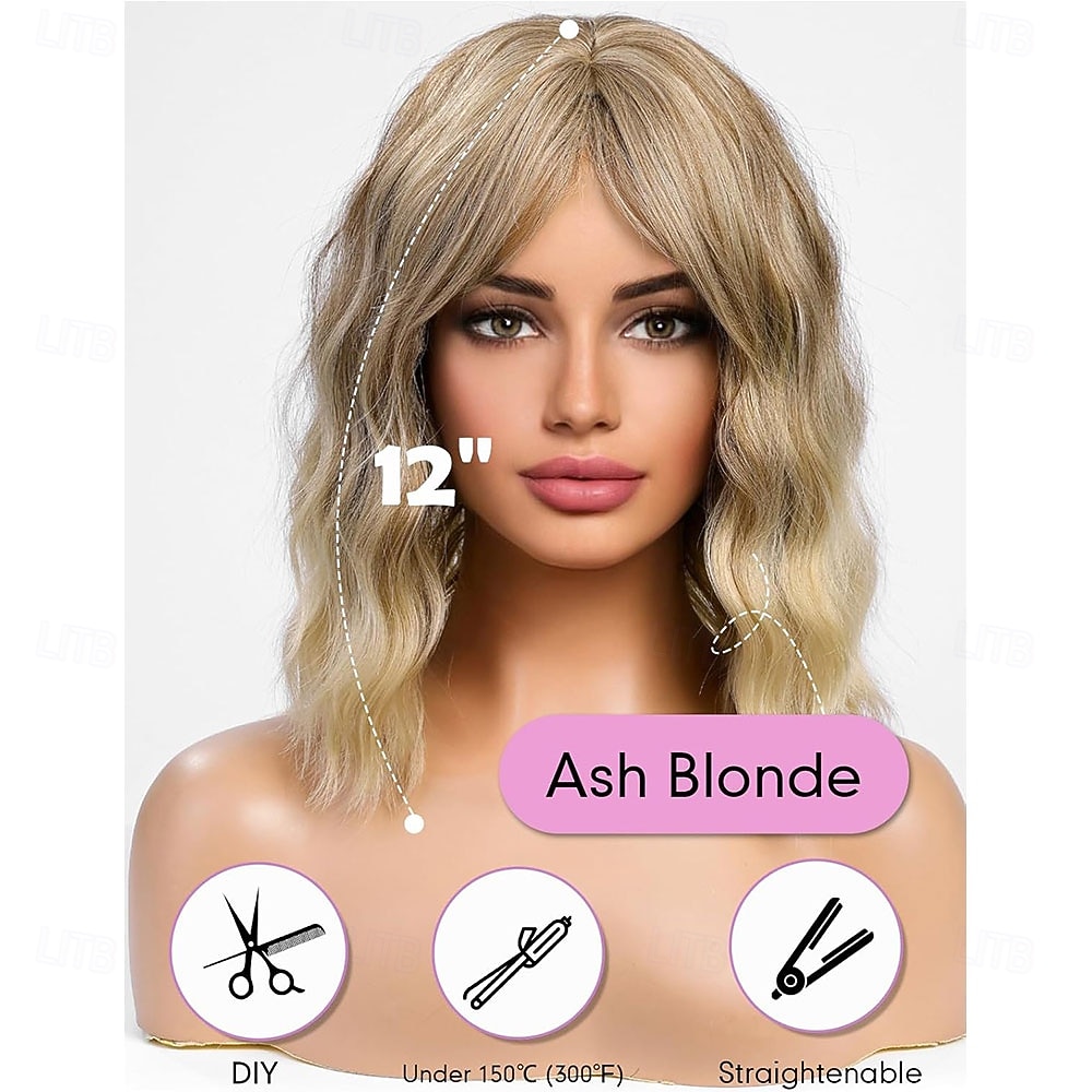 2026年 ボブカーリーウィッグ、フリンジ付き、女性用ショート合成ウェーブウィッグ、ハニーブロンドカラー  コレクション – $25.99 –P2