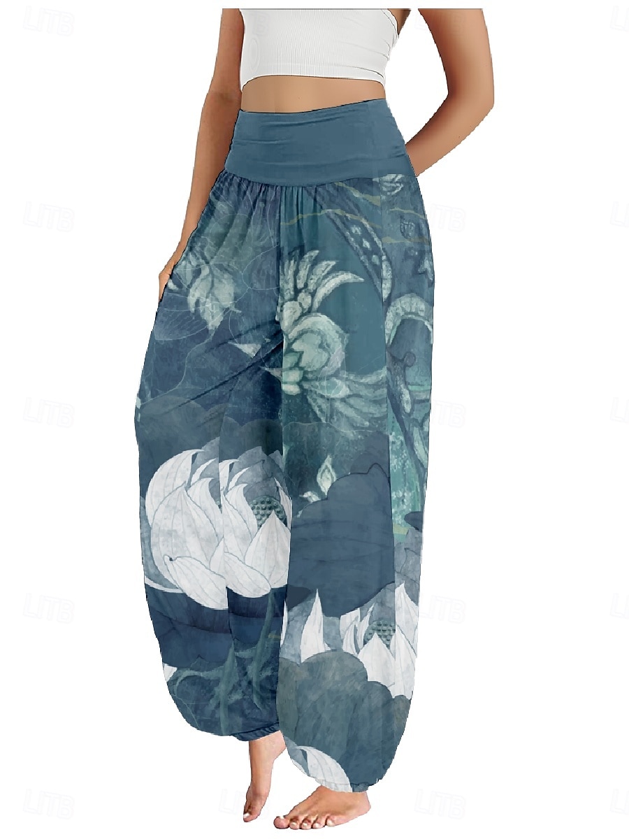 Mulheres Calças inspiradas em linho Perna larga Calças Estilo Étnico Casual Boho Comprimento total Cintura Alta Floral Bolsos Cintura elástica Estampado Respirabilidade Macio Micro-Elástica Ao ar de 2025 por $21.99 –P4