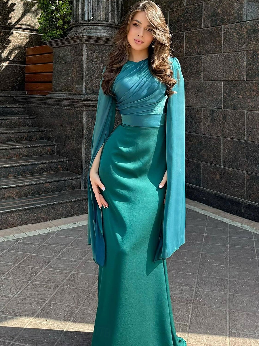 Sellő Trumpet Quinceanera Ruhák Elegáns Ruha Formális Esküvő Padló Hosszú Ujjú Crew Nyak Bársonyos Ráncokkal 2025 - $79.99 –P13