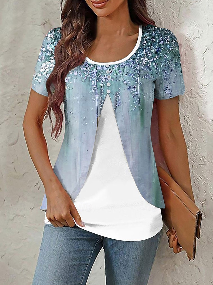 Damen T Shirt Ombre Grafik Marmor Elegant Stilvoll Kurzarm Rundhalsausschnitt Rundhals Normale Oberteile Täglich Ausgehen Patchwork Knöpfe Gestuft Rosa Blau Purpur Grün Sommer Frühling 2025 - $23.99 –P4