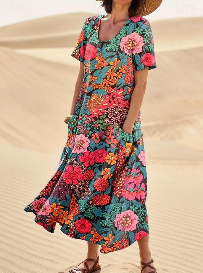Per donna Abito maxi Abito a Tubino Abito a trapezio Vacanza Casual Boho Uscire Vestibilità standard Floreale Grafico Senza Maniche Collo a U Bianco Rosso Blu Arancione Estate Primavera del 2025 a $29.99 –P2