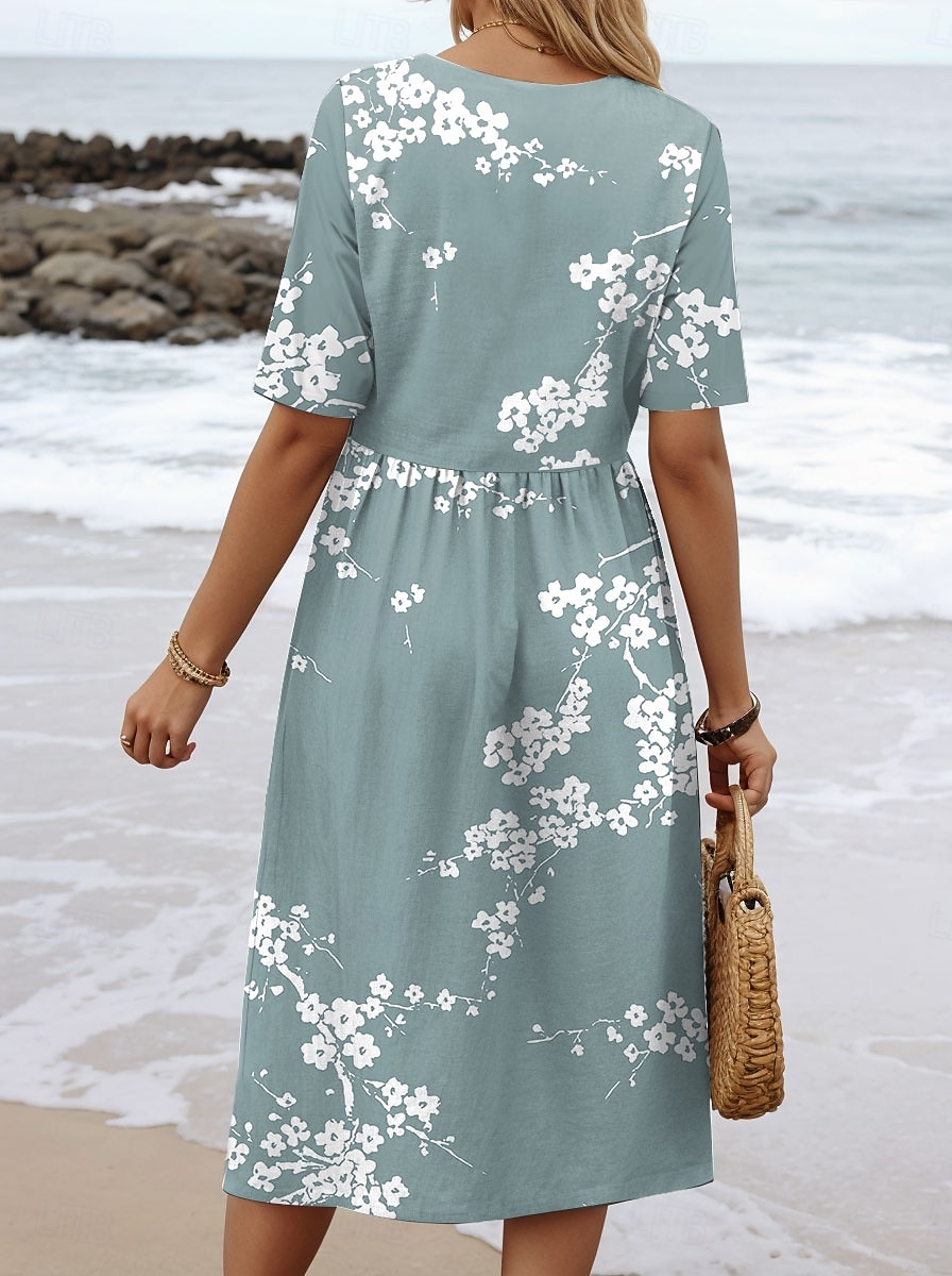 Damen Midikleid Sommerkleid Faltenkleid Urlaub Lässig Strand Täglich Ferien Normale Passform Blumen Grafik Kurzarm Rundhalsausschnitt Blau Purpur Grün Sommer 2025 - $31.99 –P2