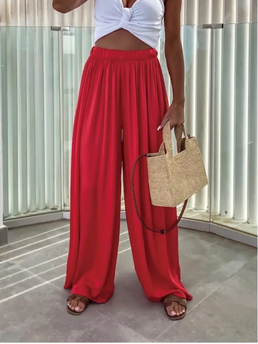 Mulheres Perna larga Calças Roupa de rua Casual Longas Cintura Alta Tecido Design de cordão elástico Corte alto Respirabilidade Macio Micro-Elástica Férias Rua Roupa Diária Preto Verde Claro Vermelho de 2025 por $17.99 –P3