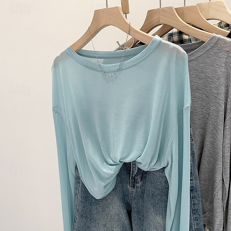 Women's T Shirt Plain Modern Casual Long Sleeve Crew Neck Regular Tops Daily Going out Black White Pink Blue Gray Summer 2025 - $16.49 –P4
