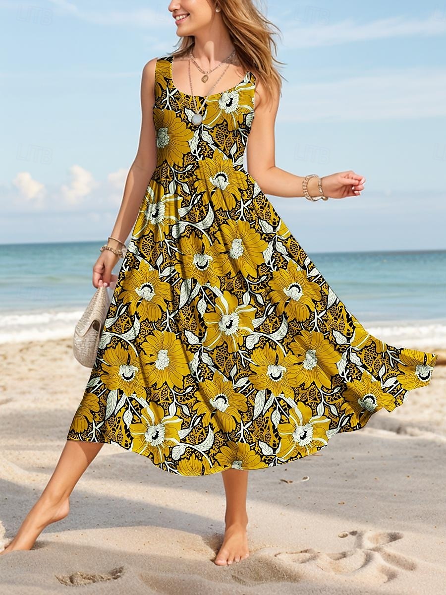 Damen Midikleid Sommerkleid A Linie Kleid Schulterfreies Kleid Urlaub Lässig Formpassend Blumen Grafik Ärmellos U-Ausschnitt Rundausschnitt Gelb Rote Blau Purpur Sommer 2025 - $35.99 –P7