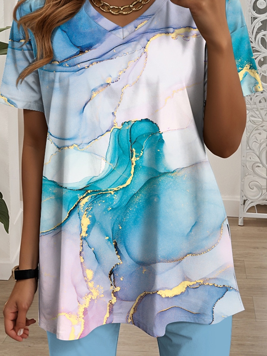 Komplet 2 częściowy dla kobiet modny t-shirt i szorty krótki rękaw dekolt w serek grafika geometryczna codziennie niebieski zielony lato regularny fit 2025 - $29.99 –P3