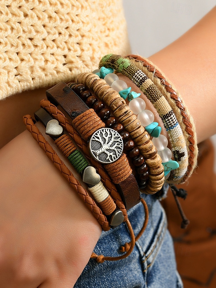 Boho sada náramků z kůže a korálků pro muže a ženy – nastavitelné přátelství, kouzlo stromu života – vintage ručně vyráběné tribal doplňky pro běžné nošení, festivaly a každodenní módu 2025 - $11.99 –P1
