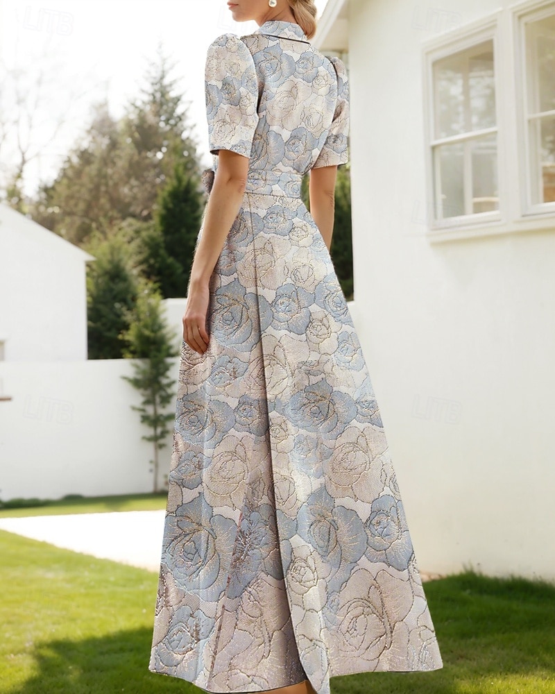 Jacquard Brokade Blomstrete Blå A-Linje Kveldsdrakt Elegant Kjole Formell Bryllup Gulvlengde Korte Ermer Skjortekrave Nylon med Splitt Lomme Bryllupsgjest Kjole 2025 - $144.99 –P3