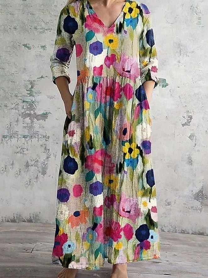 Pentru femei Rochie Maxi Rochie de epoca Rochie de in Rochie de Vară Rochie florala Boemia Vacanță Έθνικ Concediu Potrivire Largă Floral Grafic Lungime Manșon 3/4 În V Mov Trifoi Bej Vară Primăvară 2025 - $35.99 –P2