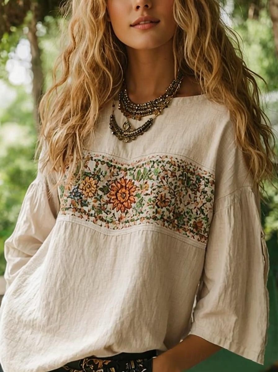 Damen Bluse Blumen Grafik Bohemien Täglich Ethnisch Dreiviertelarm Rundhalsausschnitt U-Boot-Ausschnitt Normale Oberteile Täglich Ferien Urlaubskleidung Druck Schwarz Rote Orange Beige Sommer Frühling 2025 - $27.99 –P2