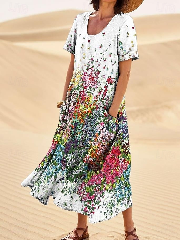 Per donna Abito maxi Abito a Tubino Abito a trapezio Vacanza Casual Boho Uscire Vestibilità standard Floreale Grafico Senza Maniche Collo a U Bianco Rosso Blu Arancione Estate Primavera del 2025 a $29.99 –P6