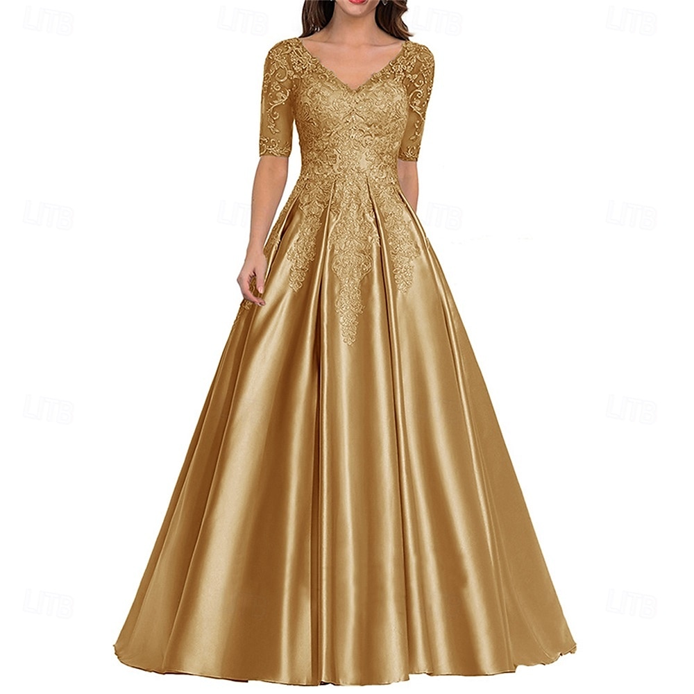 Robe Robe de Mère de Mariée  Élégant ancien Col en V Longueur au sol Polyester Manche Courte avec Couleur Unie 2025 de 2025 ? $109.99 –P5