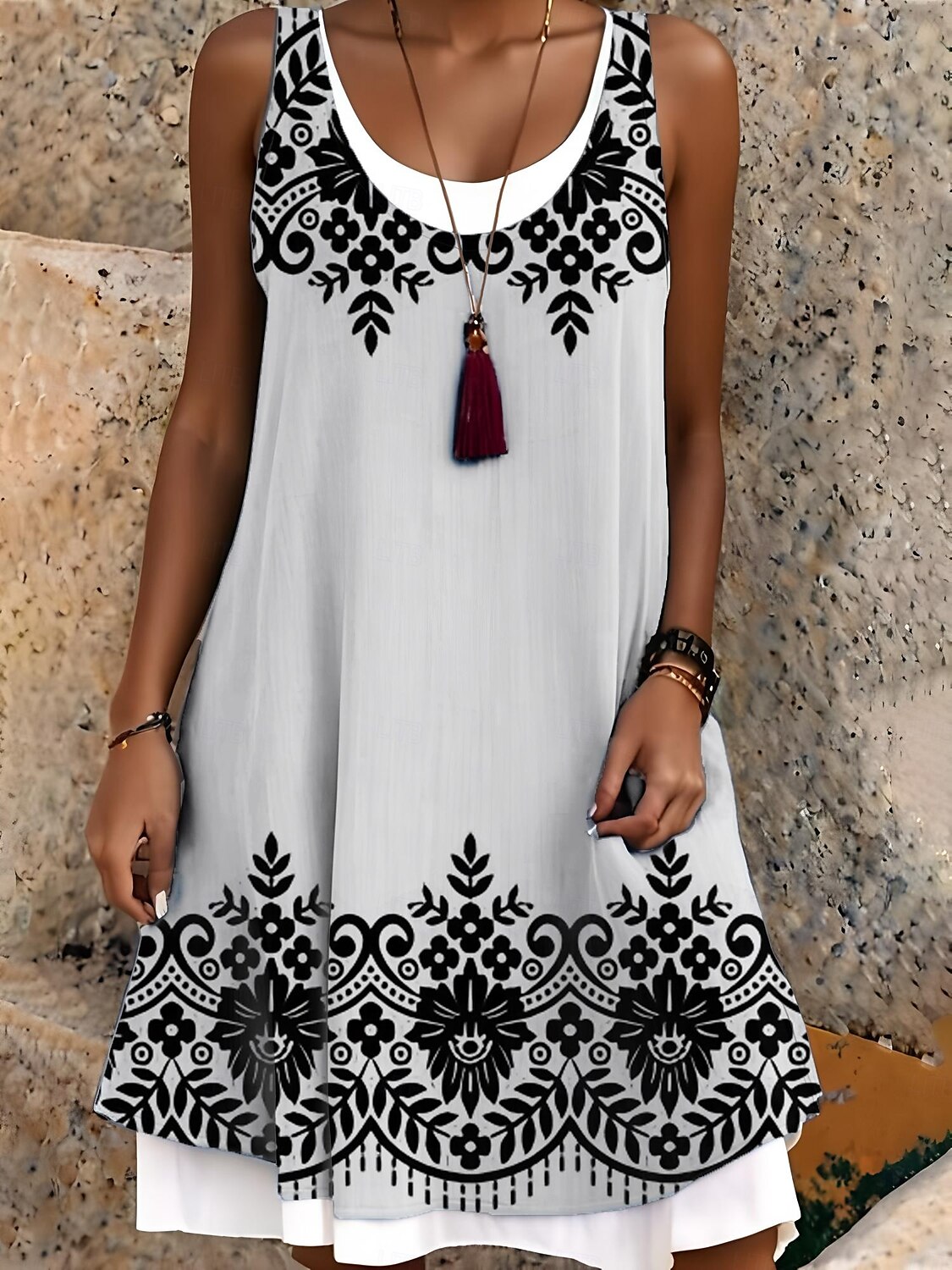 Mujer Vestido Midi Vestido de Tanque Moda Clásico Exterior Diario Fin de semana Ajuste regular Graphic Letra Sin Mangas Cuello Barco En blanco y negro Verano Primavera Otoño 2025 - $22.99 –P1