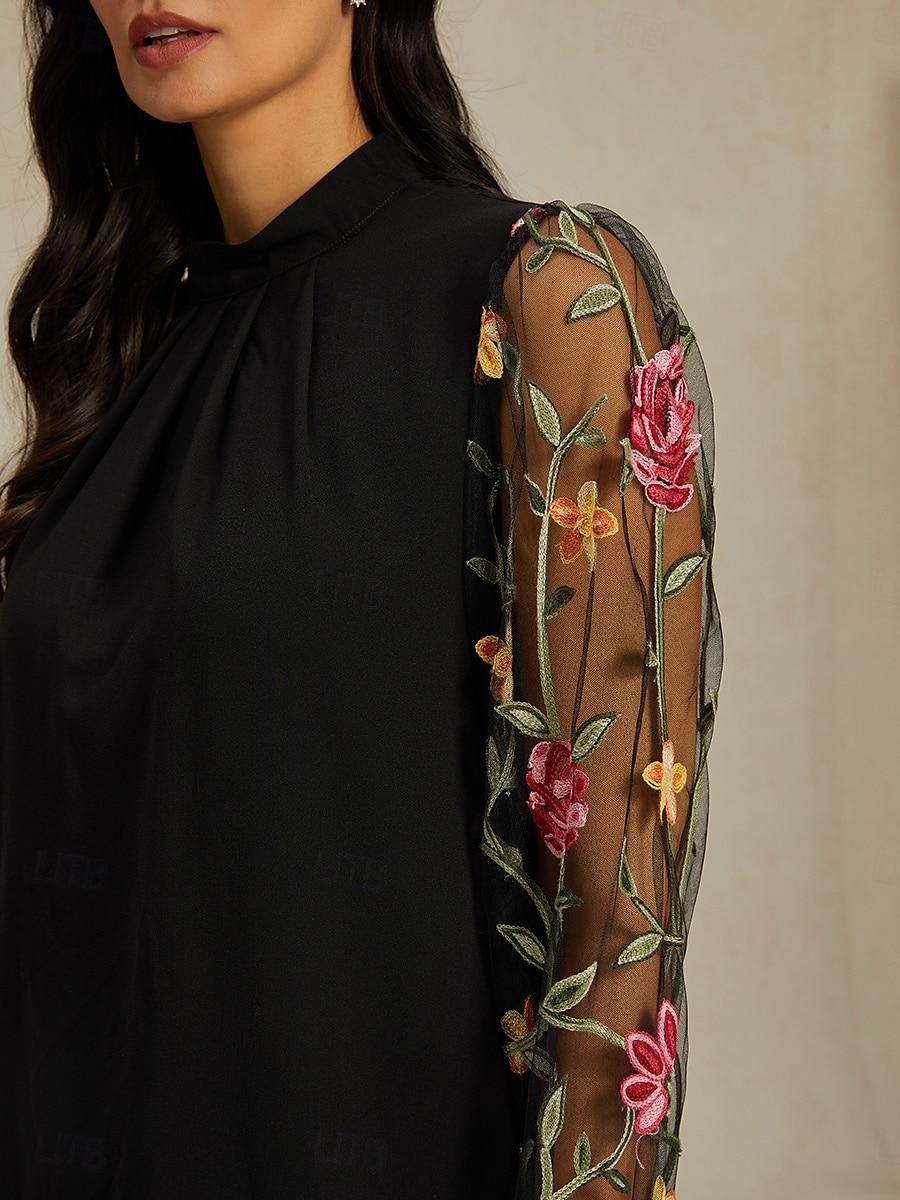 Dame Tunika Helfarge Netting Broderi Daglig Elegant Fritid Langermet Crew-hals Svart Vår Høst 2025 - $36.99 –P3