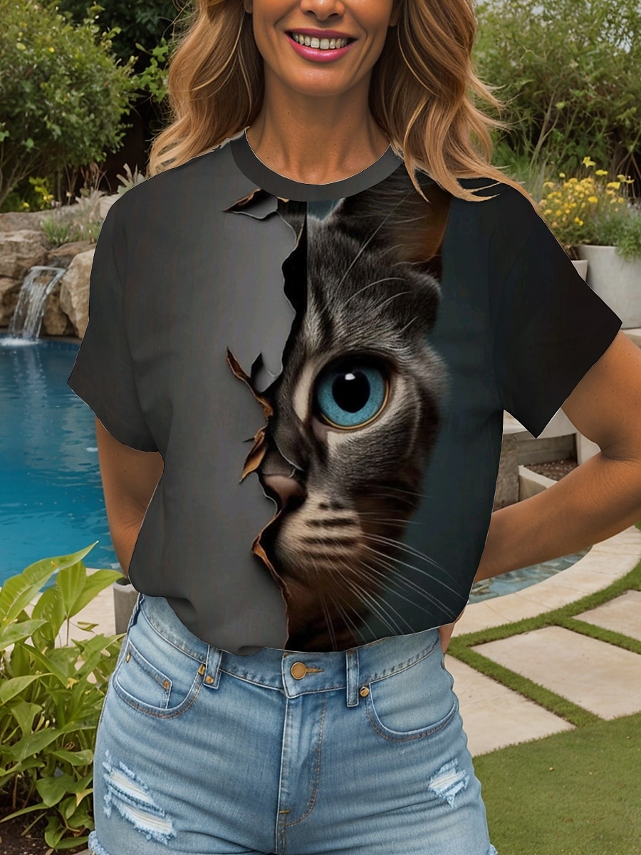 Women's T Shirt Graphic Animal Cat Vintage Stylish Classic Short Sleeve Crew Neck Round Neck Regular Tops Daily Weekend Print Sage Green Brown Summer Spring 2025 - $19.99 –P5