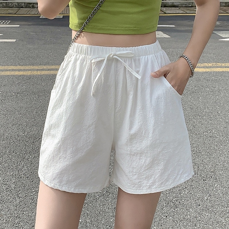 2025年 女性用 リネン風ショートパンツ スラックス クロップパンツ ファッション ストリートファッション 膝丈 ナチュラルウエスト 平織り ポケット 弾性巾着デザイン 快適 通気性 お出かけ 週末 フォレストグリーン ブラック ターコイズ ホワイト 夏 レギュラー  コレクション – $15.99 –P2
