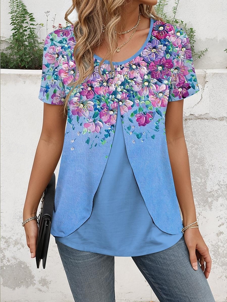 Femmes T-shirt Fleuri Graphique Élégant ancien Manche Courte Col ras du cou Hauts Réguliers Quotidien Sortir Patchwork Boutons À Étages Bleu Violet Vert Été Printemps de 2025 ? $23.99 –P1