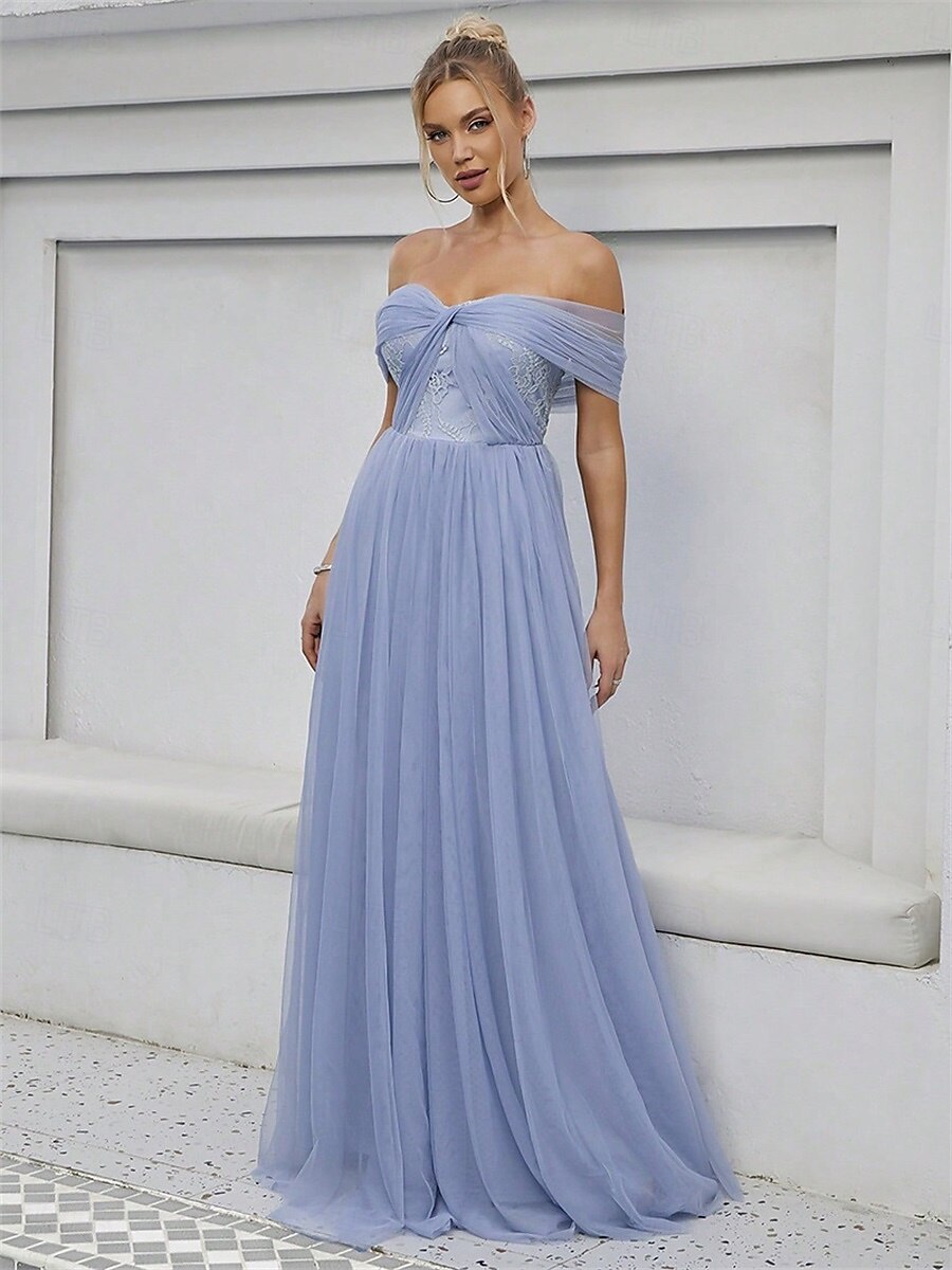 Linha A Vestido de Madrinha Ombro a Ombro Sem Manga Elegante Longo Tule com Cor Única 2022 de 2025 por $86.99 –P7