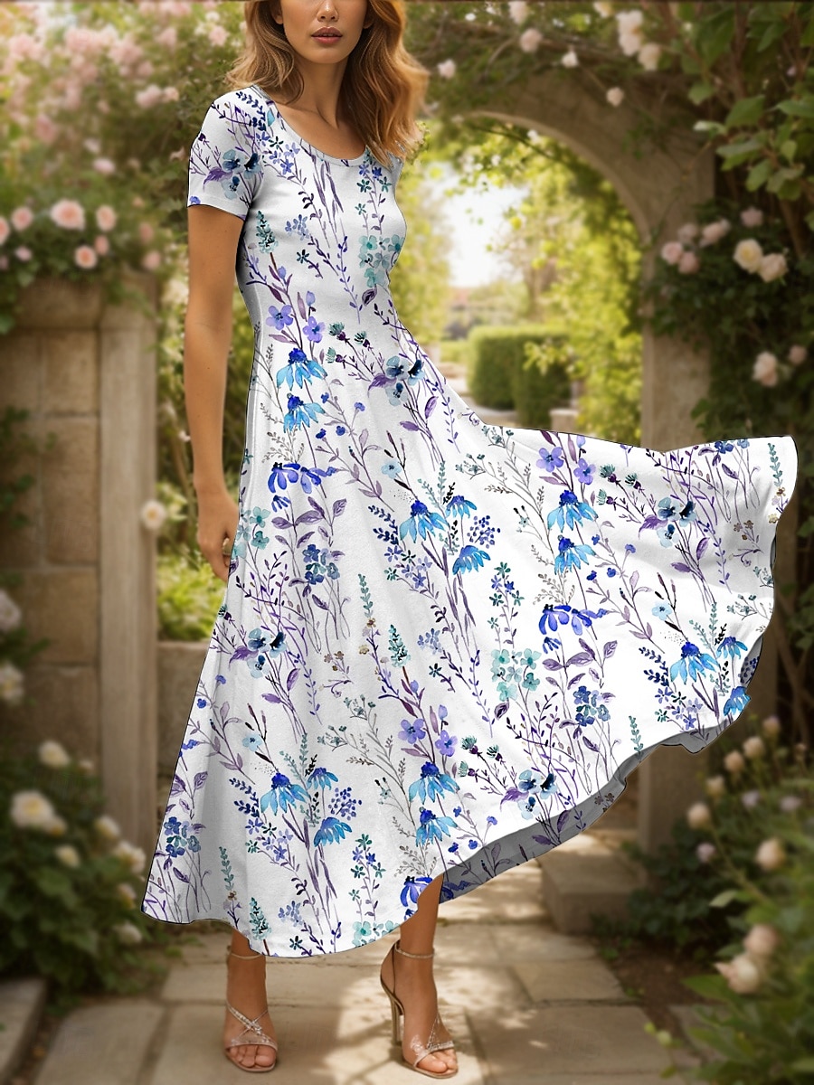 Damen Maxikleid Freizeitkleid A Linie Kleid Sommerkleid Elegant Urlaub Lässig Normale Passform Blumen Grafik Kurzarm Quadrathals Rote Blau Purpur Sommer 2025 - $31.99 –P5