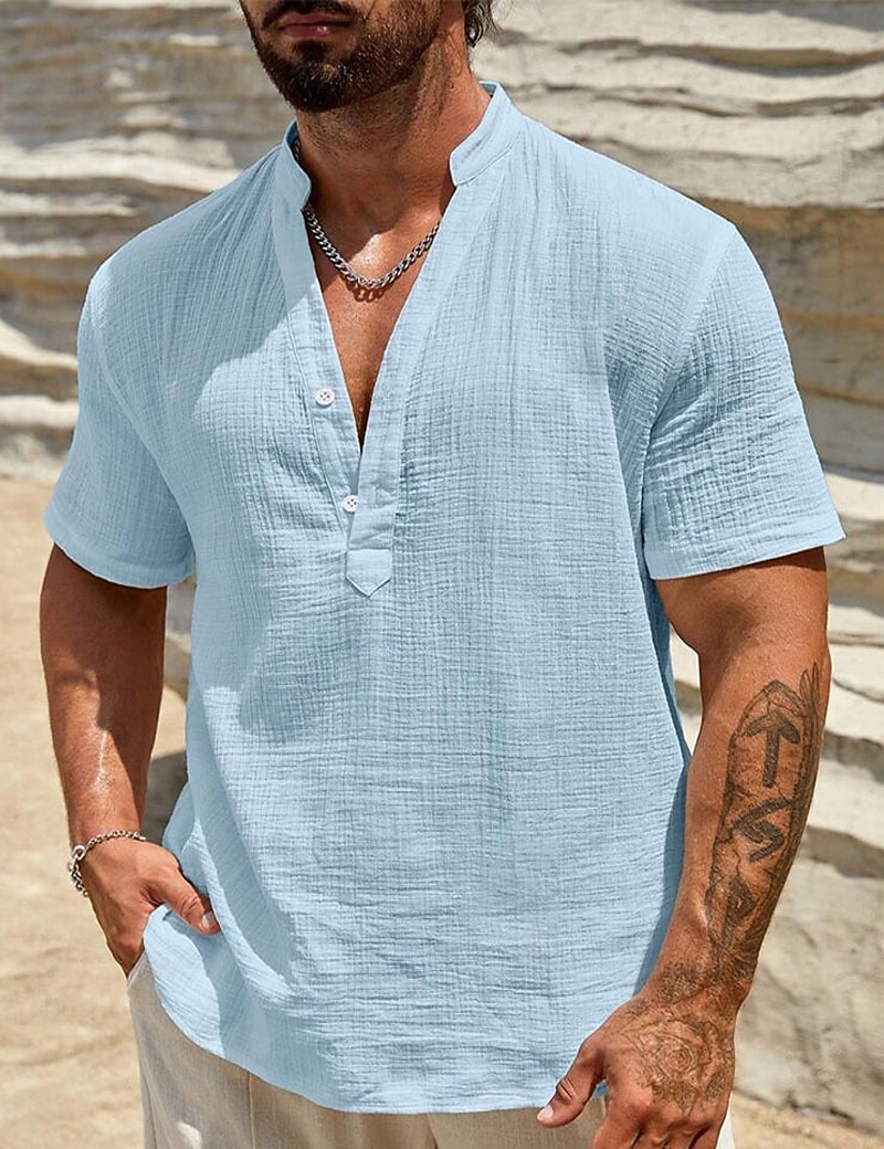 Men's Shirt Linen Shirt Popover Shirt Summer Shirt Beach Wear Henley Shirt Solid Color Vacation Dailywear White Sky Blue Short Sleeve Stand Collar Summer Spring Clothing Apparel 2026 - $25.99 –P1