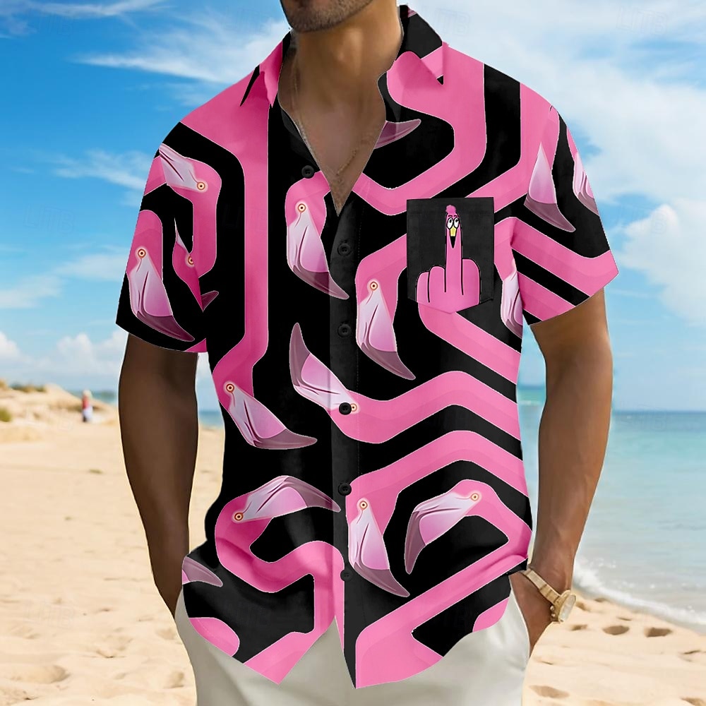Miesten Flamingo Lintu Hauska Paita Havaiji paita Button Up paita Lyhythihainen Havaijilainen Loma Pyhäpäivä Ranta-asut Kesä Sänkyjen avaus 3D-tulostus Edessä yksi tasku Pellava kuin paita Musta 2025 - $23.99 –P4