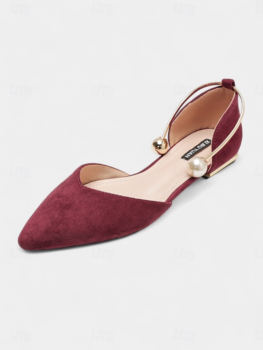 Women's Burgundy Pointed Toe Flats – Suede Shoes with Pearl Anklet Strap for Elegant Daytime Dates 2026 - $46.99 –P4