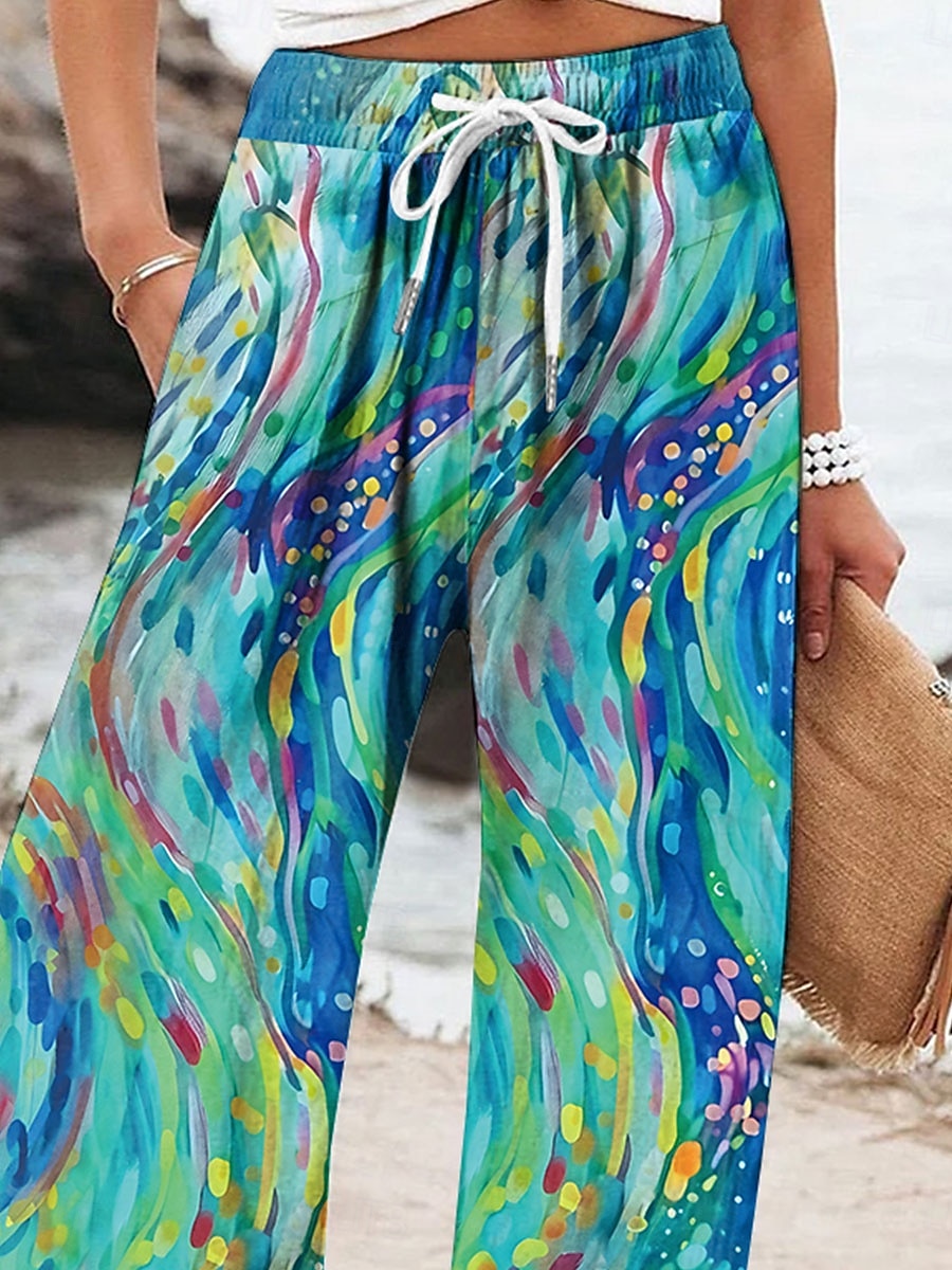 Mulheres Perna larga chinês Calças largas Férias Vintage Moda Comprimento total Cintura Alta Gráfico Geométrica Abstrato Estampado Micro-Elástica Formal Férias Rua Rubi Vermelho Verão Primavera Normal de 2025 por $24.99 –P3