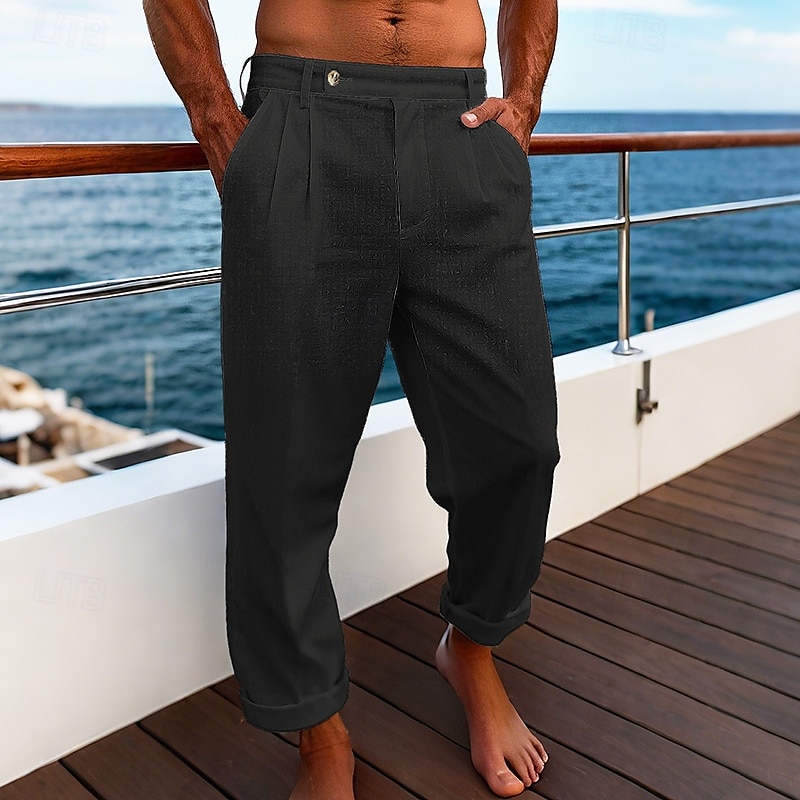Herr Linne Byxor Långbyxor Sommarbyxor Strandbyxor Ficka Slät Komfort Andningsfunktion Semester Dagligen Helgdag Hawaiisk Boho gurkmeja Svart 2025 - $22.99 –P3